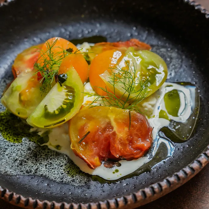 Heirloom Tomatoes, Smoked Stracciatella, Yuzu, Society Garlic
