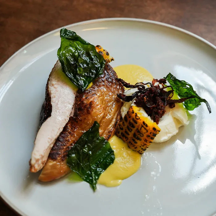 Hay Smoked Chicken, Labneh, Corn, Nduja, Warrigal Greens
