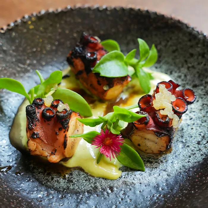 Fremantle Octopus, Spring Onion, Finger Lime, Kombu
