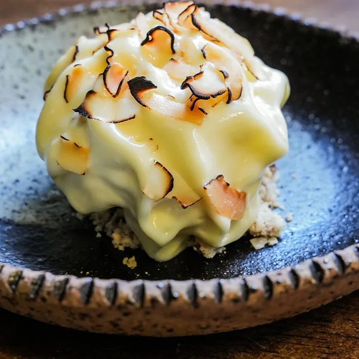Almond & Apricot Cheesecake, Toasted Coconut, Sandalwood Crumb